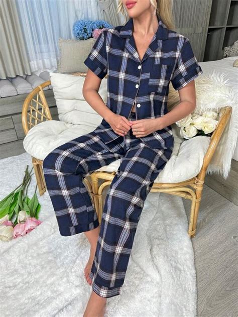 Plaid Print Contrast Piping Pj Set Shein Usa