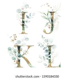 Gold Green Floral Alphabet Set Letters Stock Illustration