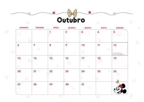 Calendário Mensal Minnie Outubro Minnie Fazendo a Nossa Festa