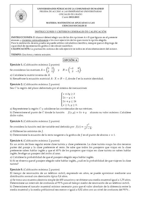 Examen De Selectividad Matem Ticas Ccss Madrid Convocatoria