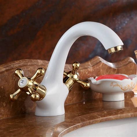 Luxury Basin Faucets Brass White Bathroom Sink Faucet Dual Handle Deck Mount Bath Washbasin Hot