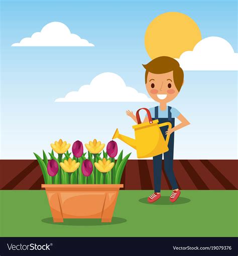 Cute Boy Watering Can Potted Flowers Decoration Vector Image