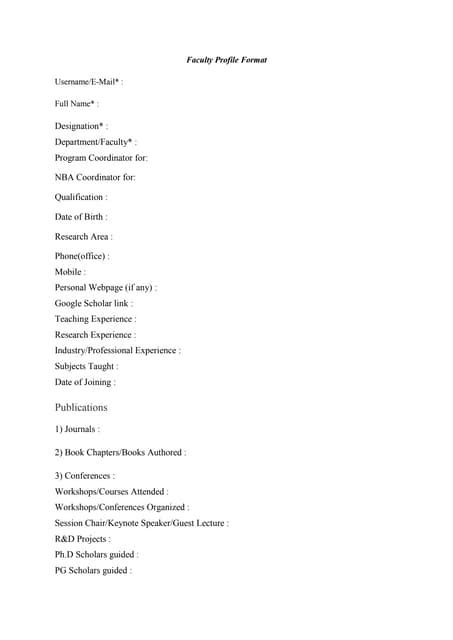 Faculty Profile Format for filling faculty details | PDF