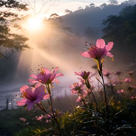 Premium AI Image | pink flowers in the morning sun