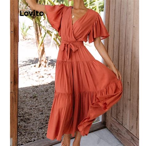 Lovito Boho Vestido Feminino Liso Maxi De Manga Curta Com Babados Laço