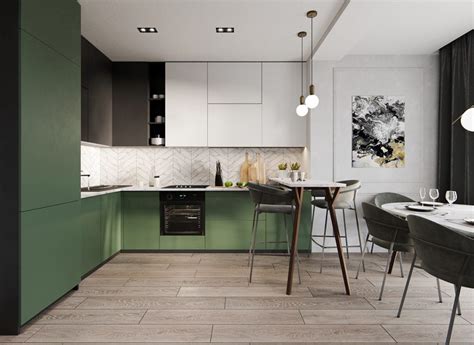 L Shaped Green Kitchen Interior Design Ideas