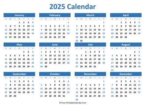 Blank Yearly Calendar 2025 Printable Chloe Delcina