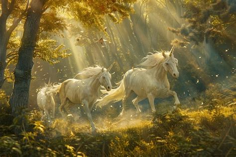 Premium Photo Three White Horses Are Running Through The Woods