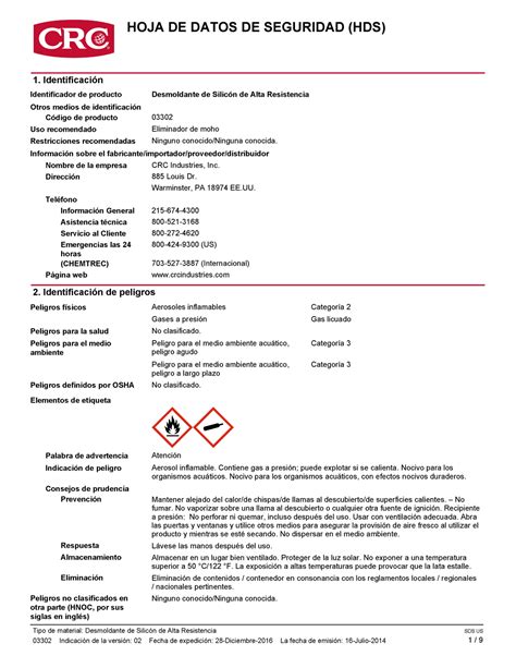 Desmoldante Es Un Documento Hoja De Datos De Seguridad Hds