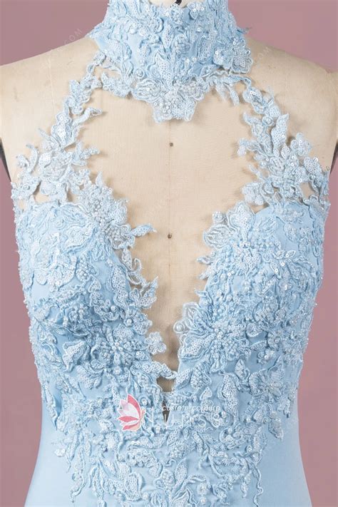 Sky Blue Lace And Glitter Feather Mermaid Prom Dress Lunss