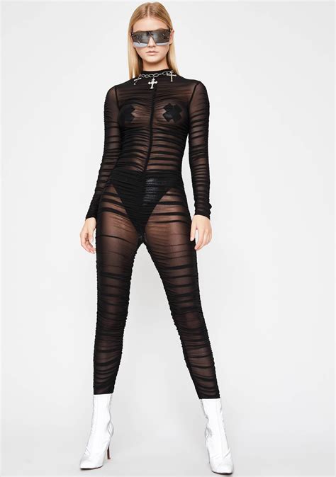 Black Ruched Sheer Catsuit Dolls Kill