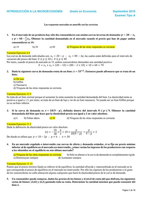 Examen Septiembre 2019 respuestas INTRODUCCIÓN A LA MICROECONOMÍA