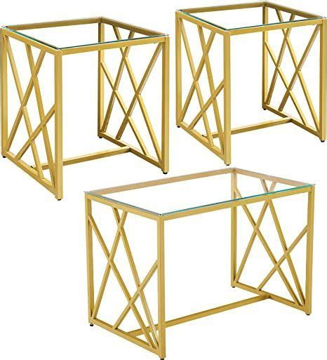 Three Gold Metal And Glass Tables