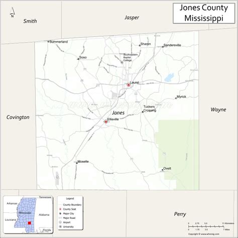 Map of Jones County, Mississippi showing cities, highways & important ...