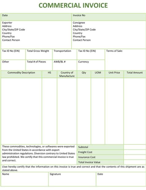 Commercial Invoice Template Excel