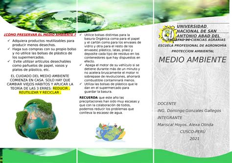 Triptico Sobre EL Medio Ambiente UNIVERSIDAD NACIONAL DE SAN ANTONIO