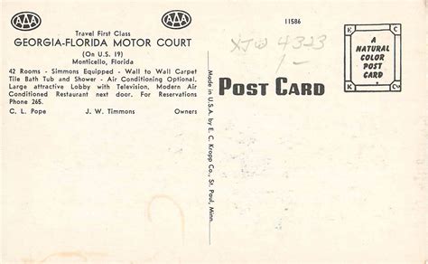 C1950s Georgia Florida Motor Court Monticello Florida Postcard Ebay