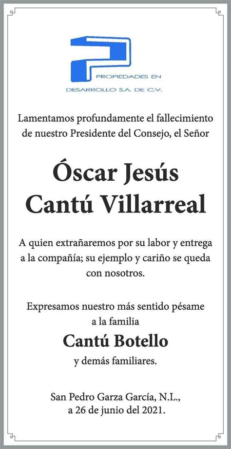 Señor Óscar Jesús Cantú Villarreal Obituario Esquela