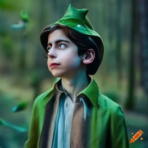 Aidan Gallagher As Peter Pan Flying With The Iconic Hat In A Magical