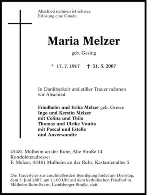 Traueranzeigen Von Maria Melzer Trauer In NRW De