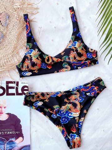 Emmiol Free Shipping Dragon Print Strap Bikini Set Black S In