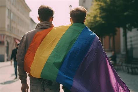 Premium Photo Gay Couple With Rainbow Lgbt Flag On Gay Pride Parade
