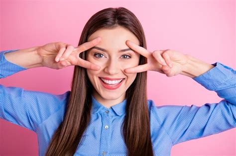 Premium Photo Pretty Lady Showing V Sign Symbols Near Eyes