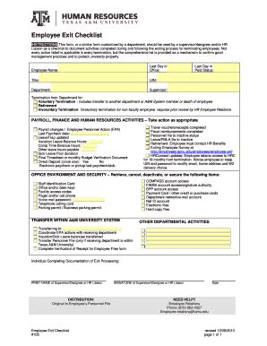 Fillable Online Employees Tamu Employee Exit Checklist Human