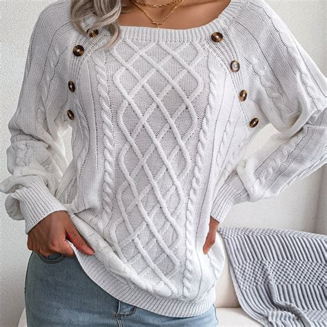 Solid Round Neck Raglan Sleeve Sweater Women S Sweater Texture Button