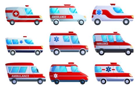 Conjunto De Iconos De Ambulancia Estilo De Dibujos Animados Vector