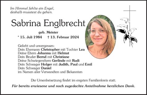 Traueranzeigen Von Sabrina Englbrecht Mittelbayerische Trauer