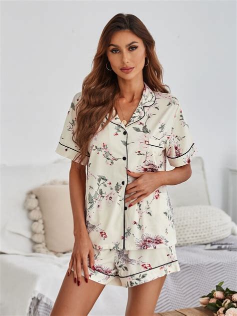 Floral Print Pocket Patched Contrast Piping Pajama Set Shein Usa