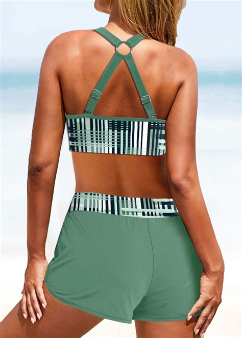 Metal Ring Geometric Print Sage Green Bikini Top Modlily USD 9 98