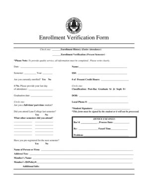 Fillable Online Enrollment Verification Form Lane College Fax Email