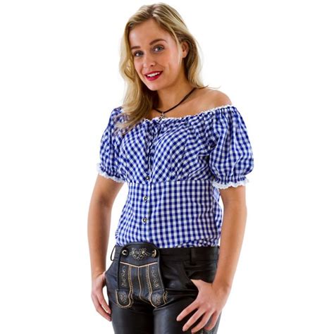 Tiroler Blouse Carmen Blauw Wit Geblokt