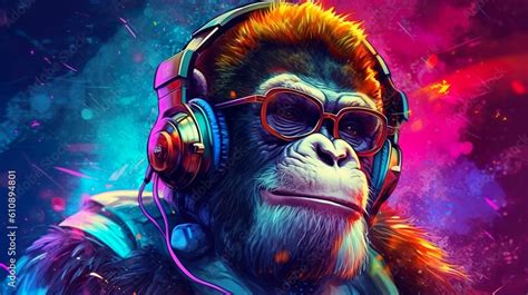 Abstract Background With Monkey In Headphones And Sunglasses At Bright