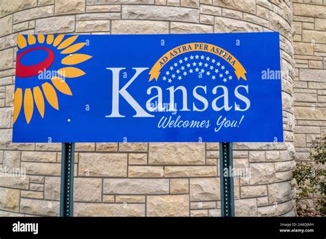 Kansas Welcomes You Welcome Roadside Sign At Freeway Rest Area With A