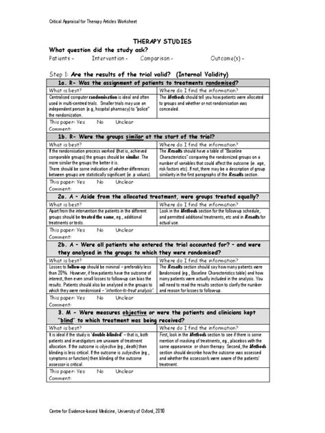 Therapy Rct Critical Appraisal Worksheet With Explanation Worksheets Library