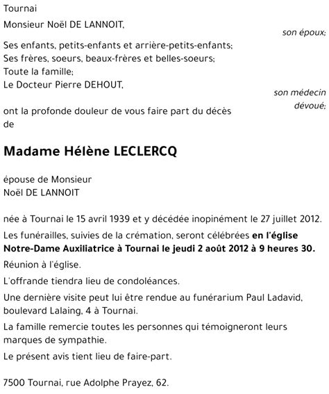 Avis De Décès De Hélène Leclercq Décédé Le 27 07 2012 à Tournai