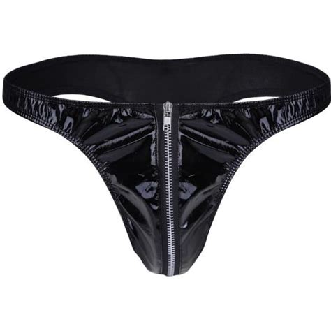 YONGHS FR Homme Sexy String Cuir Verni Slip Wetlook Lingerie Erotique Jockstrap Ouvert Zippé M