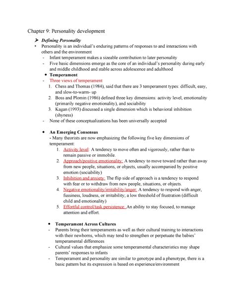 Chapter 9 Summary Chapter 9 Personality Development • Defining