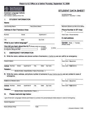 Fillable Online Sfsu Student Information Sheet Doc Sfsu Fax Email