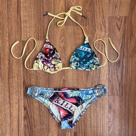 Ed Hardy Swim Ed Hardy Vintage Y K Rare Blue Yellow Love Kills Slowly Skull String Bikini