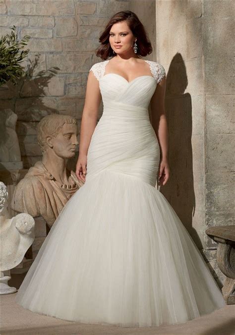 Flare Mermaid Ruched Tulle Corset Plus Size Wedding Dress Detachable Cap Sleeve Wedding