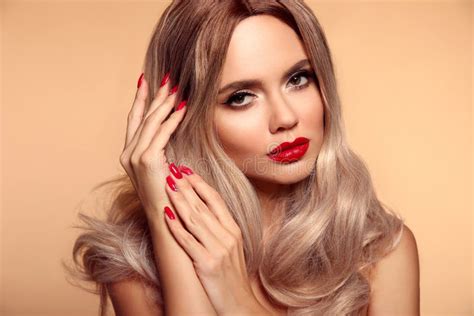 Makeup Manicured Nails Beauty Portrait Of Blonde Woman With Red Lips Long Healthy Shiny Blond