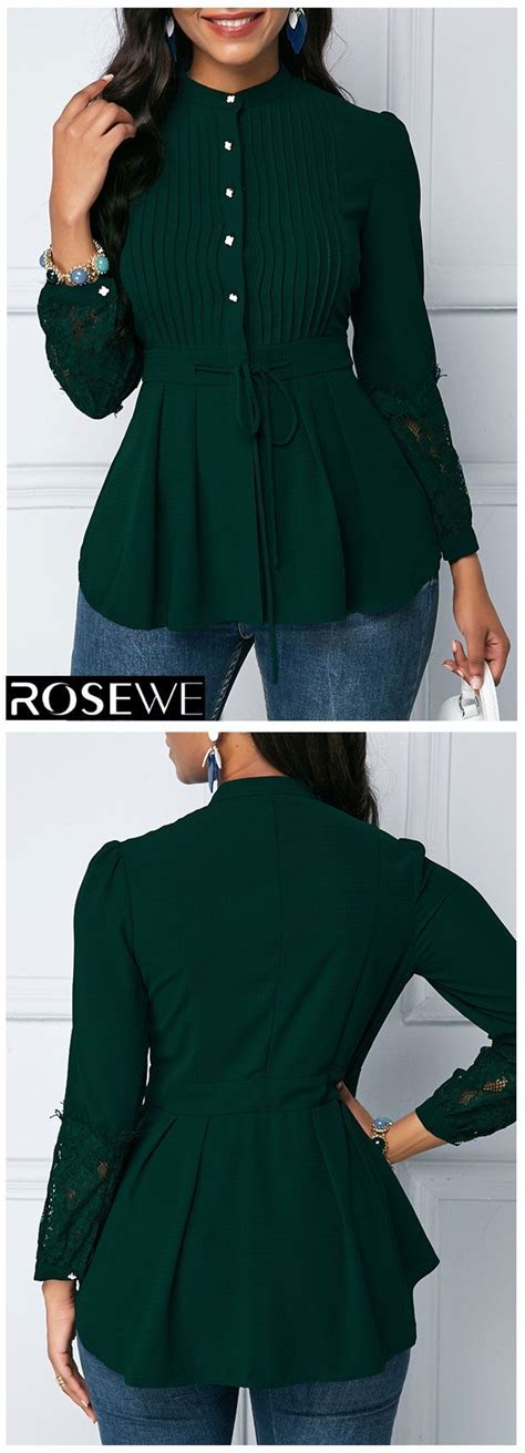 Lace Panel Dark Green Crinkle Chest Peplum Blouse Rosewe Blouse Fall