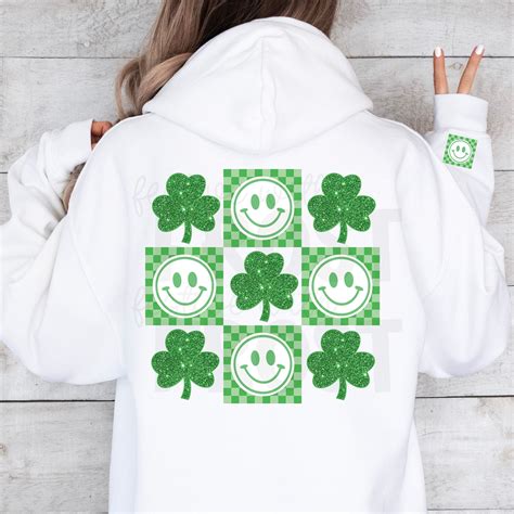 Retro St Patricks Day Smiley Face Glitter Clover Shamrock Checker