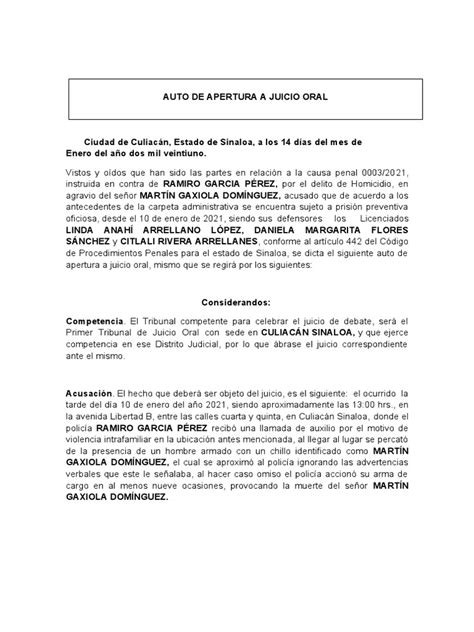 Auto Apertura Juicio Oral Pdf Derecho Penal Homicidio