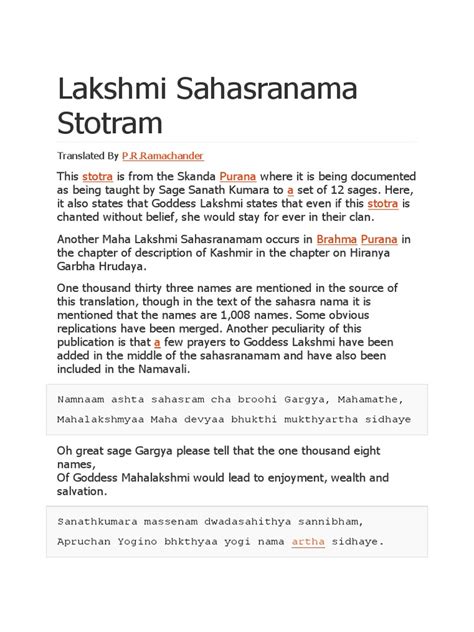 Lakshmi Sahasranama Stotram: A Prayer of One Thousand Names to Goddess ...