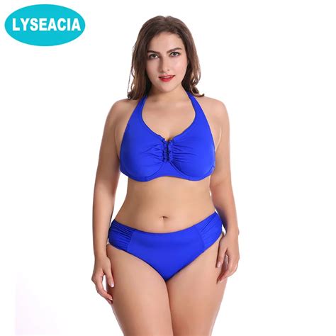 Lyseacia Large Size Bikinis Solid Color Swimwear Women S Swimsuits Plus Size Bikini Set Halter